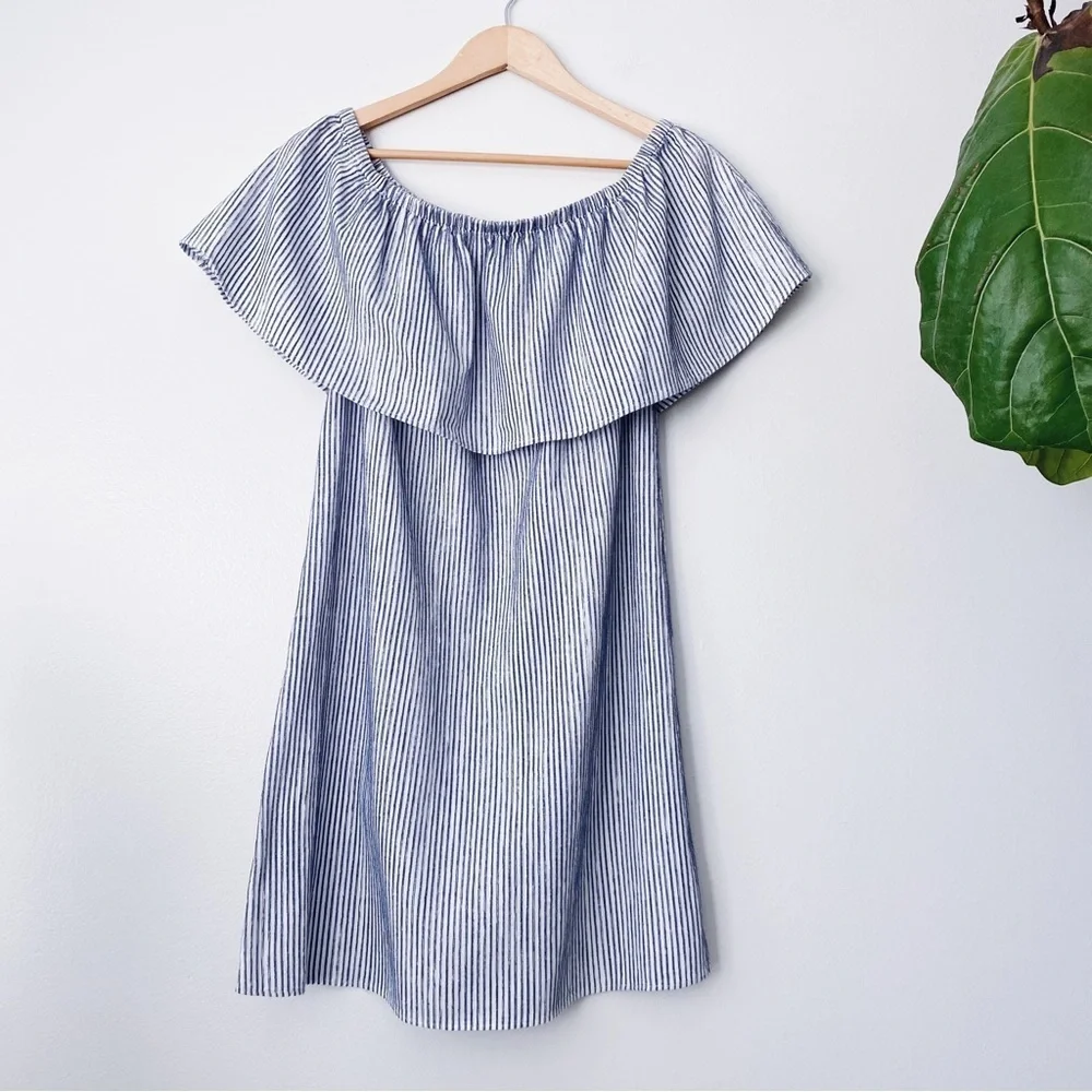 J.crew Striped Blue & White Off shoulder Dress boho Beachy Leisure relaxed Fit